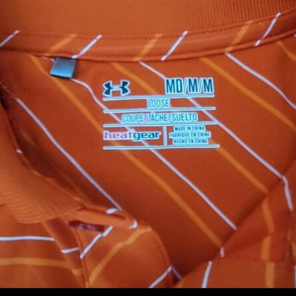 Under Armour Striped Golf Polo Orange Men's Medium Loose UA Heat Gear - Picture 2 of 7